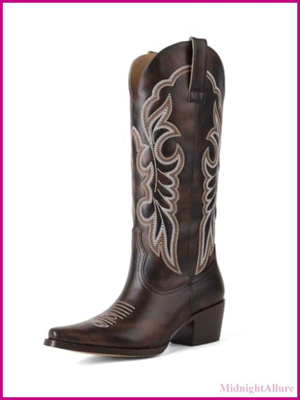 Women's Mid-Calf Western Cowgirl Boots with Side Zipper and Block Heel